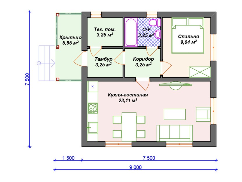 Каркасный дом 8x9  – проект V100 "Форест Хиллс" план первого этаж