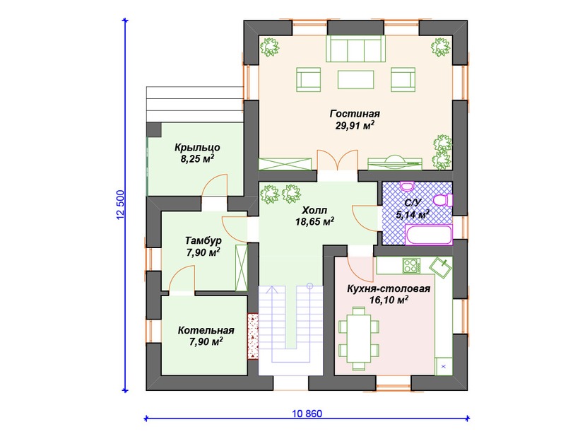 Дом из газоблока с котельной, балконом, мансардой - VG133 "Ватерфорд" план первого этаж