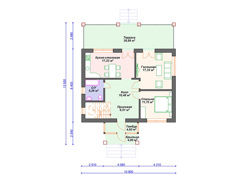 Дом из керамического блока VK099 "Рутхерфорд" c 4 спальнями план первого этаж