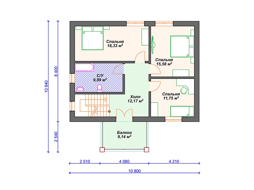 Дом из керамического блока VK099 "Рутхерфорд" c 4 спальнями план мансардного этажа