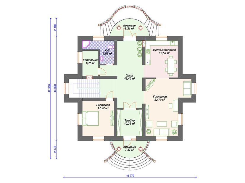 Каркасный дом 17x16 с котельной, балконом, эркером – проект V132 "Виндзор" план первого этаж