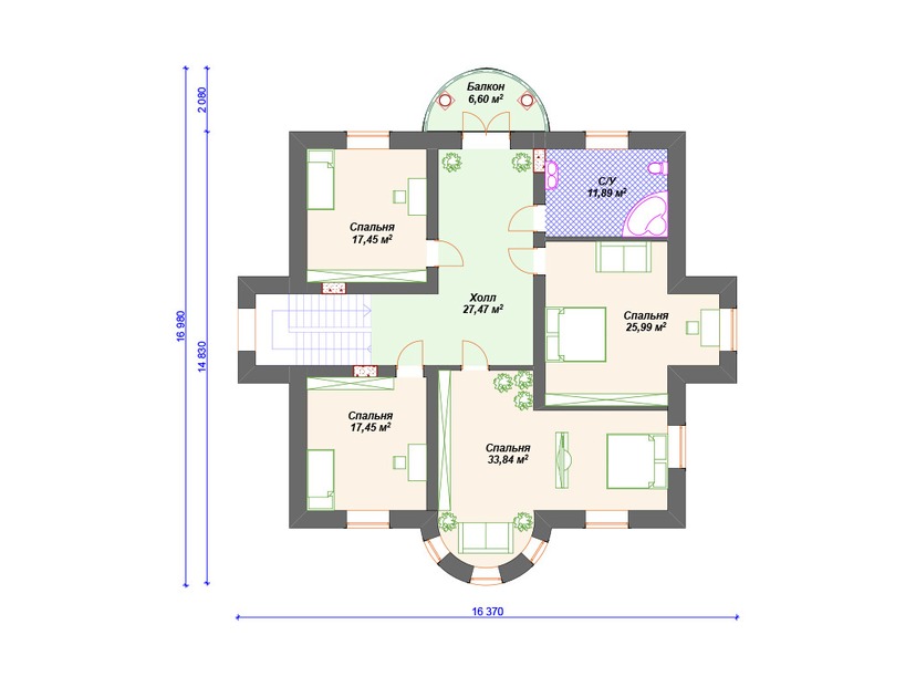 Каркасный дом 17x16 с котельной, балконом, эркером – проект V132 "Виндсор" план второго этажа