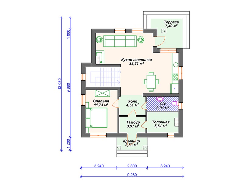 Каркасный дом 12x9 с котельной, террасой, мансардой – проект V098 "Росвелл" план первого этаж