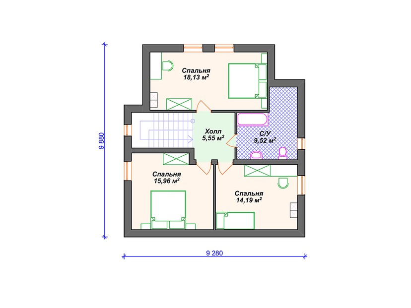 Каркасный дом 12x9 с котельной, террасой, мансардой – проект V098 "Росвелл" план мансардного этажа