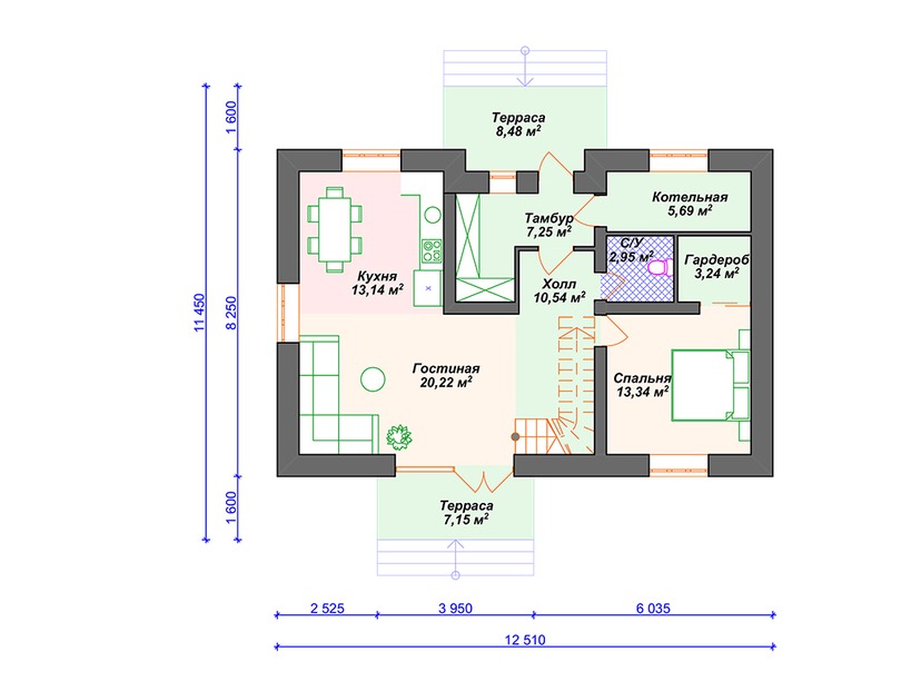 Каркасный дом 11x13 с котельной, террасой, мансардой – проект V097 "Гленс Фаллс" план первого этаж