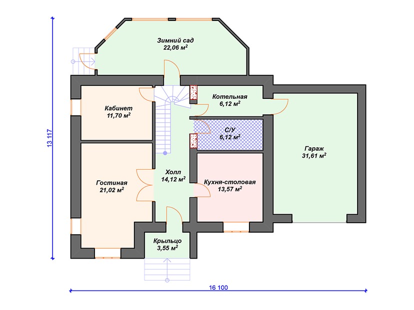 Дом из газоблока с балконом, котельной, гаражом - VG129 "Бридгетон" план первого этаж