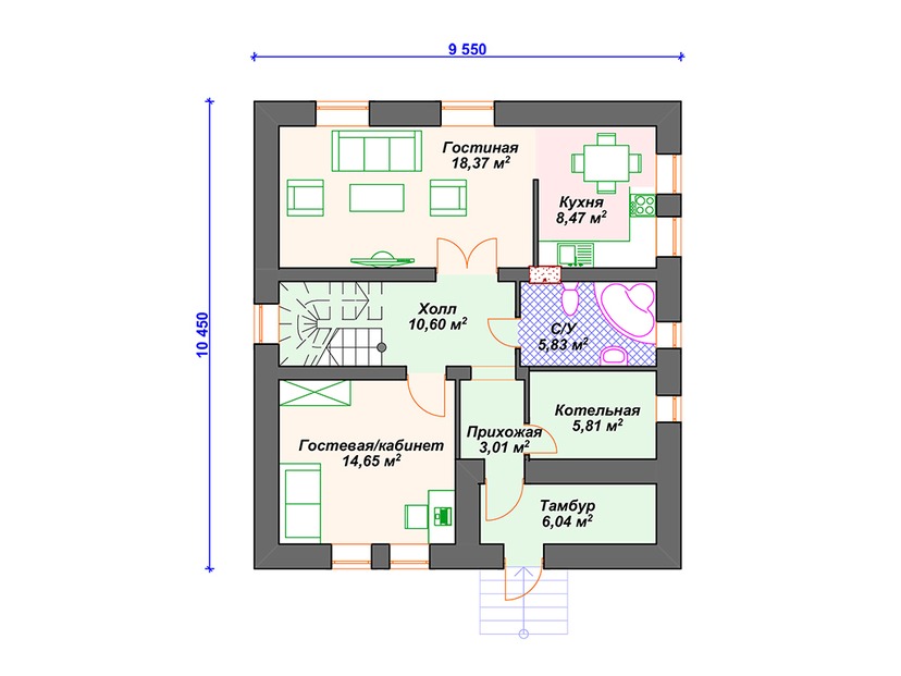Каркасный дом 10x10 с котельной, балконом, мансардой – проект V127 "Едисон" план первого этаж