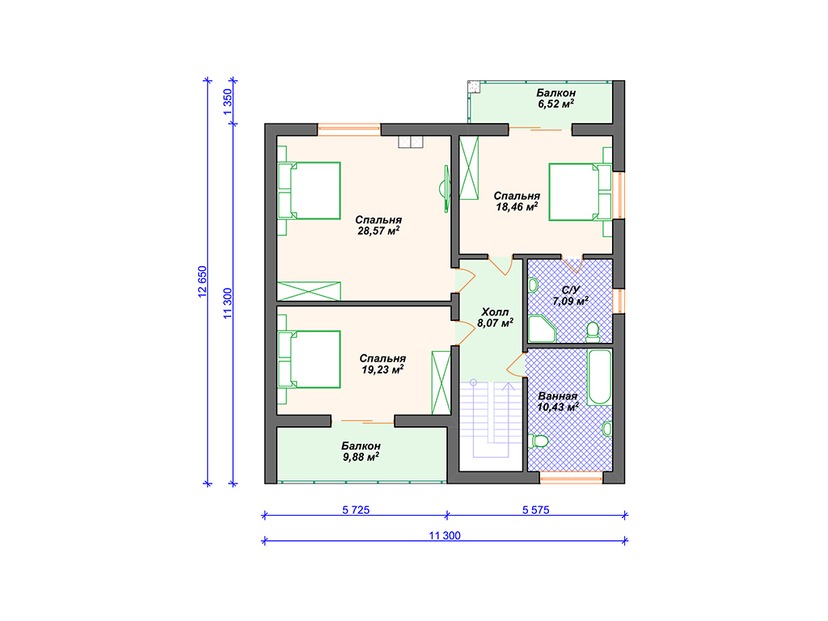 Каркасный дом 14x17 с котельной, балконом, террасой – проект V096 "Аламогордо" план второго этажа