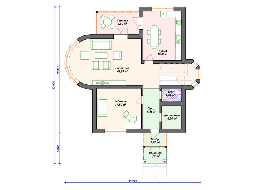 Каркасный дом 15x13 с котельной, террасой, эркером – проект V126 "Форт Ли" план первого этаж