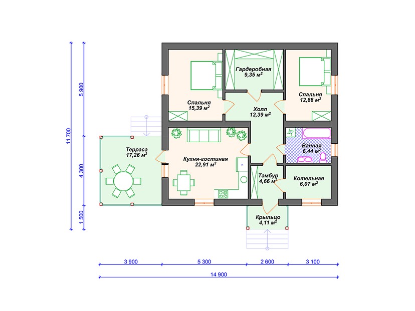 Каркасный дом 12x15 с котельной, террасой – проект V094 "Эстчестер" план первого этаж