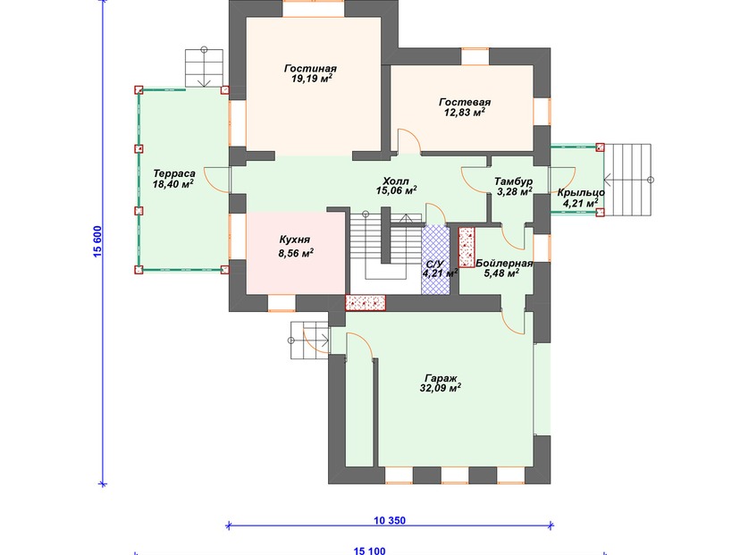 Каркасный дом 16x10 с котельной, террасой, гаражом – проект V125 "Глассборо" план первого этаж