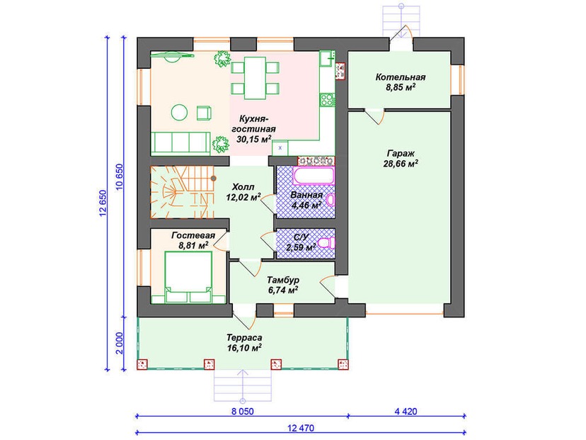 Дом из газоблока с террасой, котельной, гаражом - VG124 "Хобокен" план первого этаж
