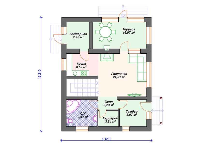 Каркасный дом 12x10 с котельной, террасой – проект V093 "Фредония" план первого этаж