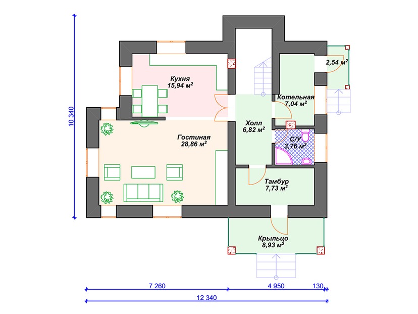 Каркасный дом 10x12 с котельной – проект V121 "Лонг Бранч" план первого этаж