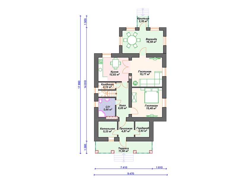 Каркасный дом 18x9 с котельной, террасой – проект V091 "Хемпстад" план первого этаж