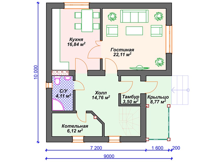 Дом из керамоблока VK120 "Миллвилле" c 3 спальнями план первого этаж