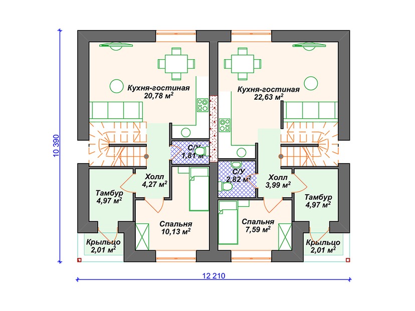 Дом из керамического блока VK012 "Манти" c 6 спальнями план первого этаж