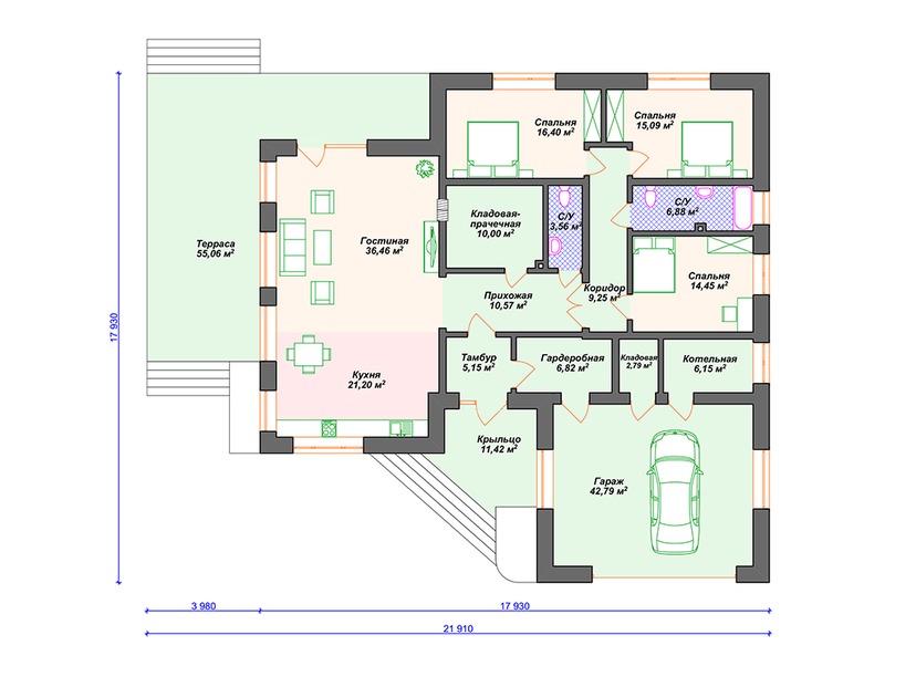 Каркасный дом 18x22 с котельной, террасой, гаражом – проект V049 "Тиллмок" план первого этаж