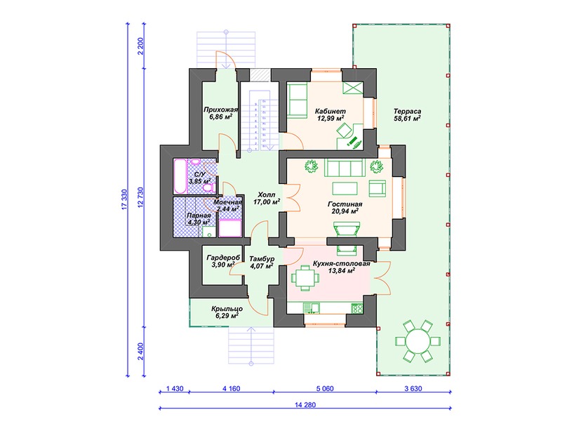 Каркасный дом 17x14 с сауной, балконом, террасой – проект V035 "Ворланд" план первого этаж