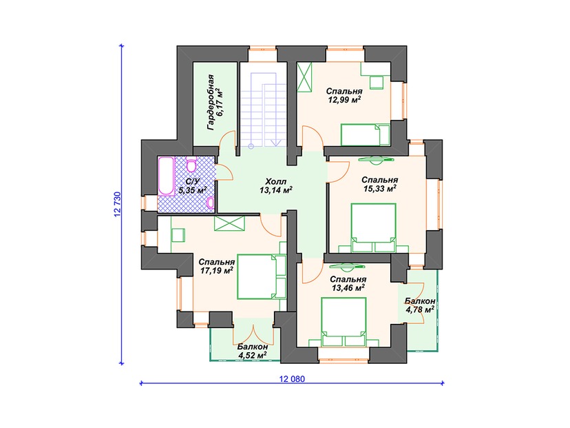 Дом из керамического блока VK035 "Ворланд" c 5 спальнями план второго этажа