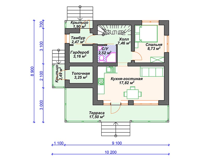Каркасный дом 9x10 с котельной, балконом, террасой – проект V011 "Мюррей" план первого этаж
