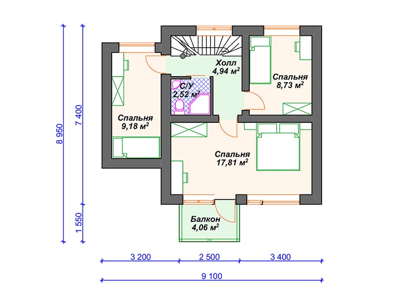 Каркасный дом 9x10 с котельной, балконом, террасой – проект V011 "Мюррей" план мансардного этажа