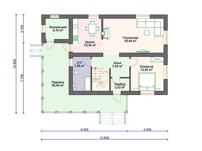 Каркасный дом 11x14 с котельной, террасой, мансардой – проект V010 "Ордевиль" план первого этаж