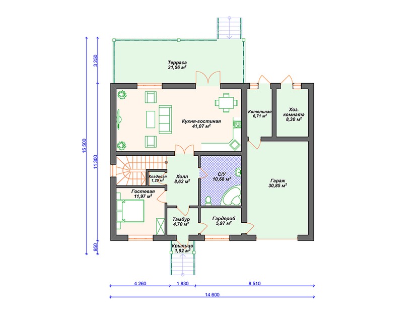 Каркасный дом 16x15 с котельной, террасой, гаражом – проект V031 "Шэридан" план первого этаж