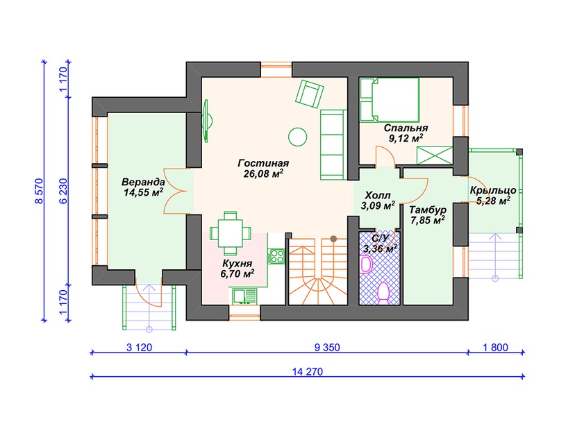 Каркасный дом 9x14 с мансардой – проект V009 "Айкен" план первого этаж