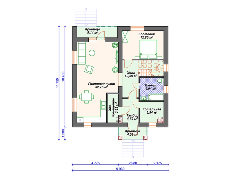 Дом из газобетона с котельной, балконом, мансардой - VG030 "Рок Спрингс" план первого этаж