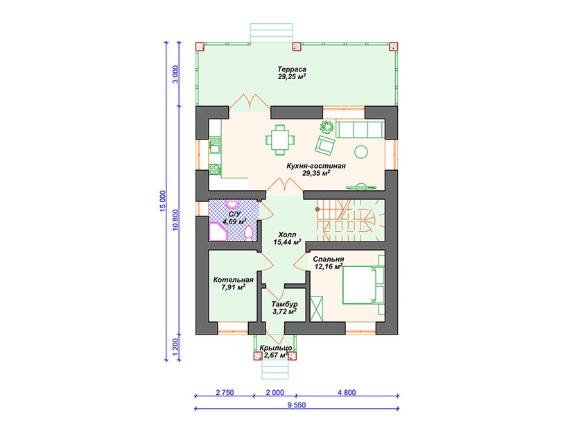 Каркасный дом 15x10 с котельной, террасой – проект V029 "Ривертон" план первого этаж