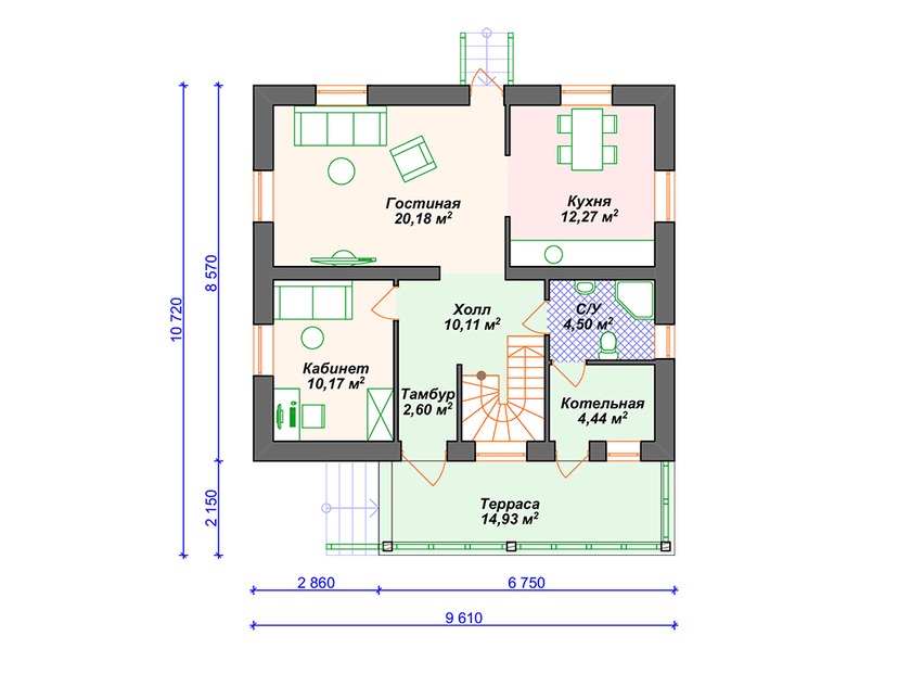 Каркасный дом 11x10 с террасой, котельной, мансардой – проект V015 "Хартсвилл" план первого этаж