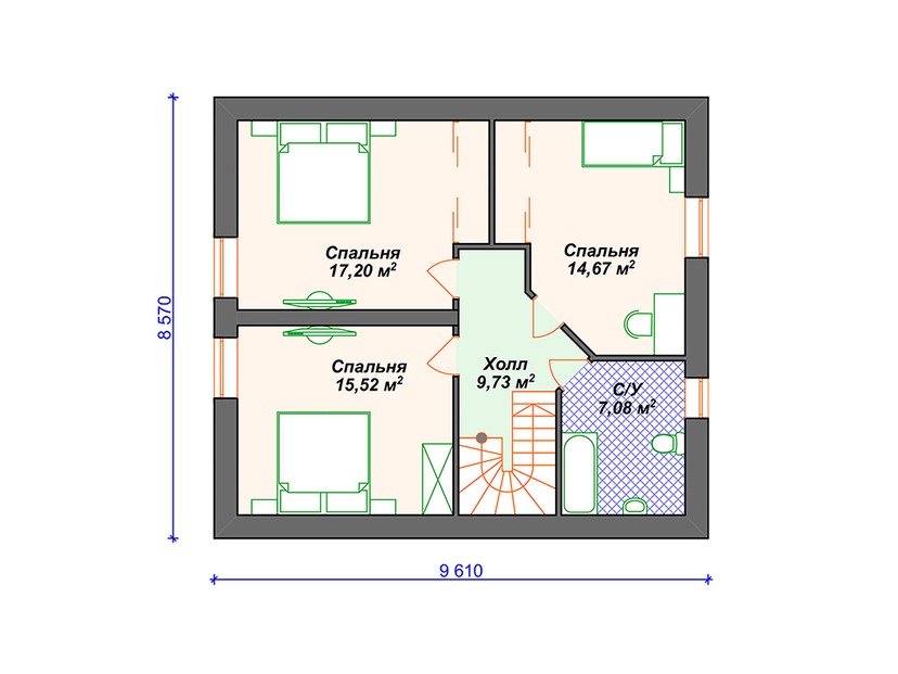 Каркасный дом 11x10 с террасой, котельной, мансардой – проект V015 "Хартсвилл" план мансардного этажа