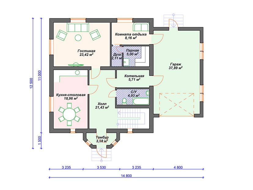 Дом из газобетона с котельной, сауной, гаражом - VG014 "Миртл" план первого этаж