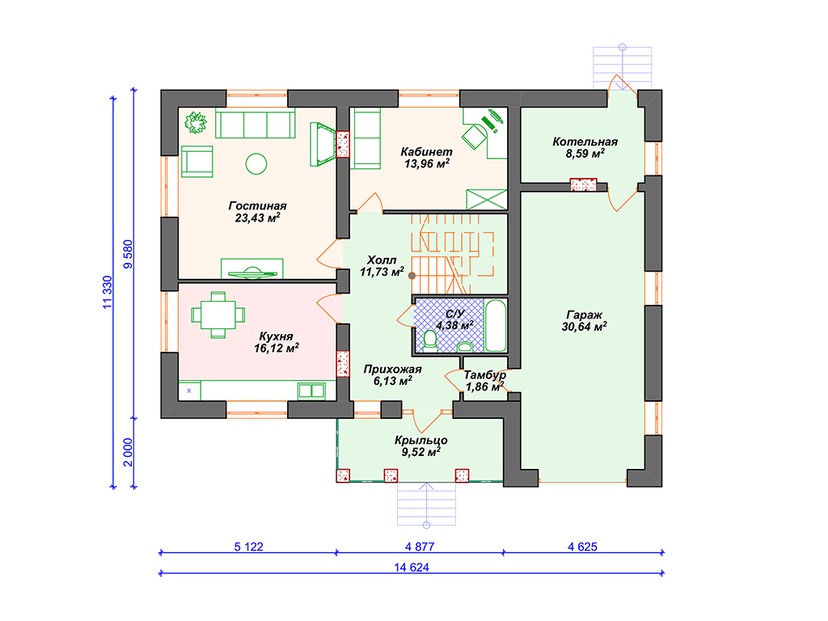 Каркасный дом 11x15 с котельной, гаражом – проект V027 "Коди" план первого этаж