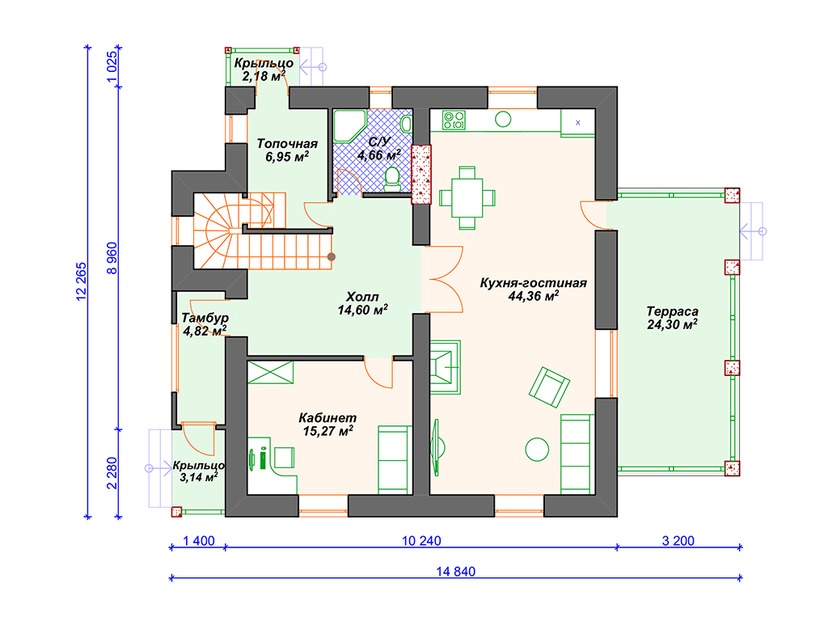 Каркасный дом 12x15 с котельной, террасой, мансардой – проект V013 "Самтер" план первого этаж