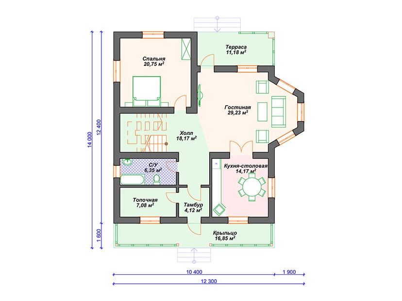 Каркасный дом 14x12 с котельной, балконом, террасой – проект V026 "Каспер" план первого этаж