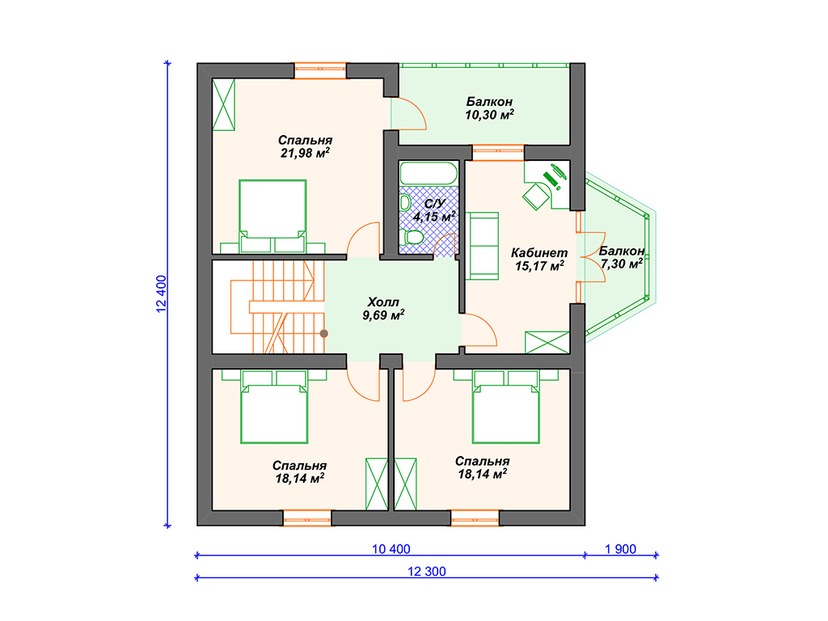 Каркасный дом 14x12 с котельной, балконом, террасой – проект V026 "Каспер" план мансардного этажа