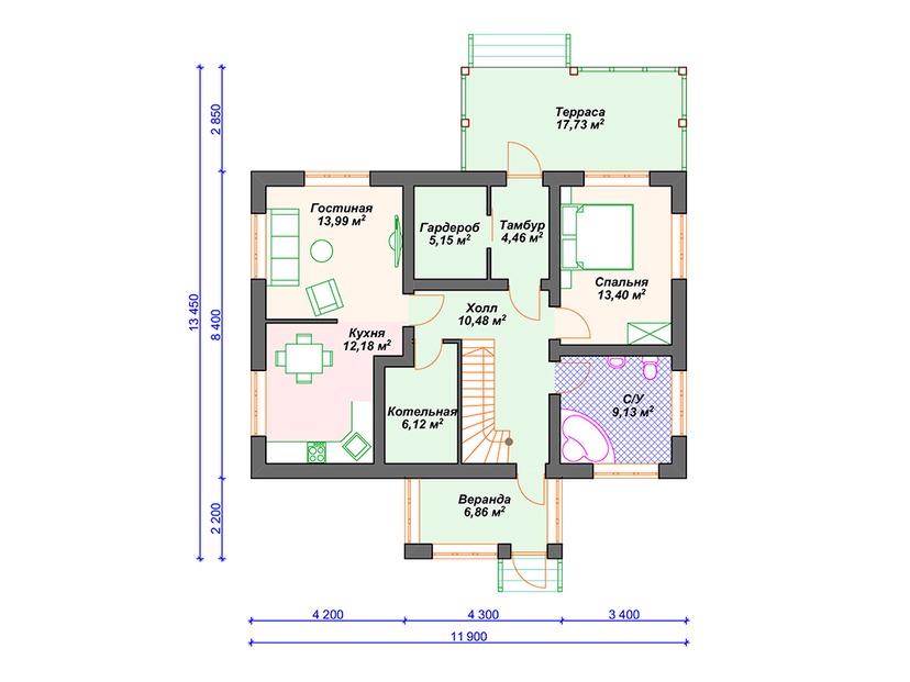 Каркасный дом 13x12 с котельной, террасой, мансардой – проект V025 "Ландер" план первого этаж