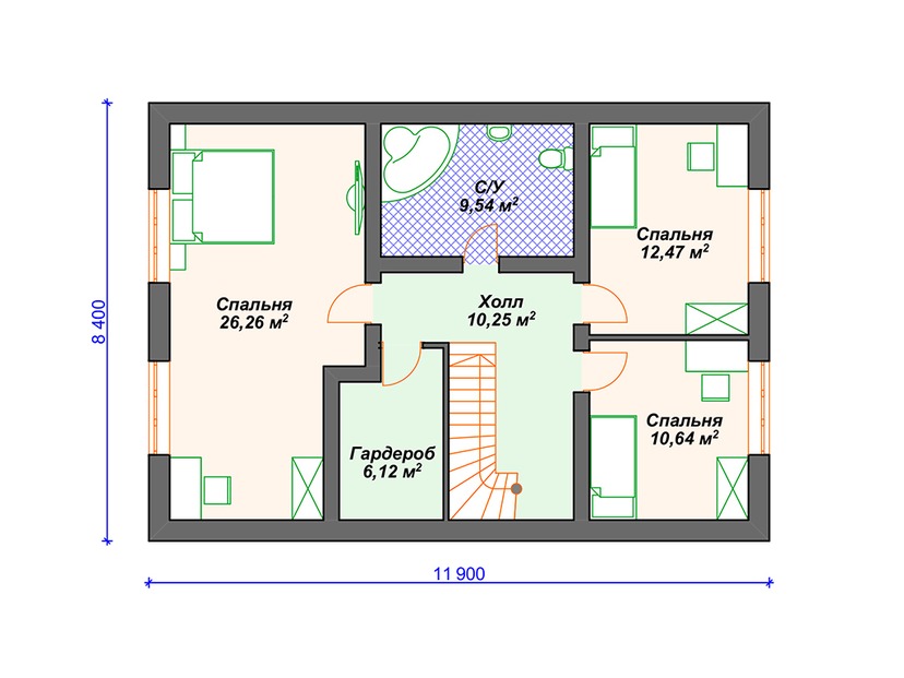 Дом из керамического блока VK025 "Ландер" c 4 спальнями план мансардного этажа