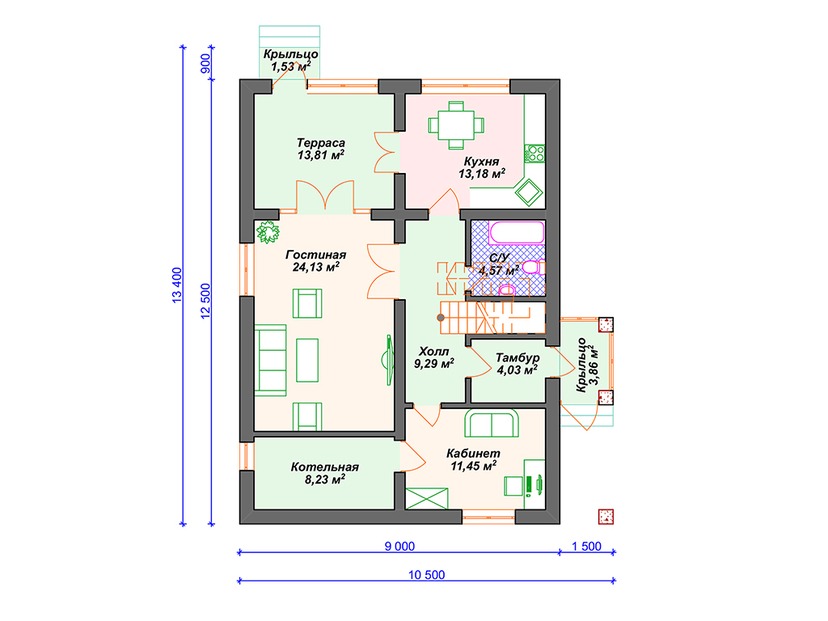 Дом из керамического блока VK024 "Кастер" c 4 спальнями план первого этаж