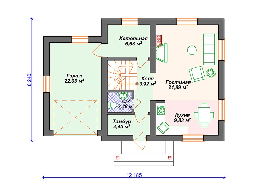 Каркасный дом 8x12 с котельной, гаражом, мансардой – проект V034 "Поувелл" план первого этаж
