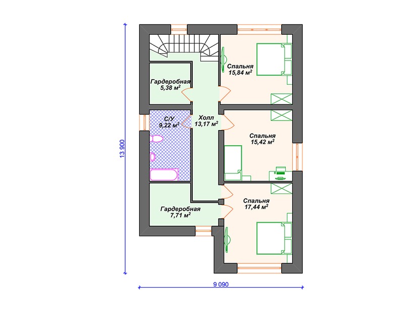 Каркасный дом 14x17 с котельной, террасой, гаражом – проект V023 "Мобридж" план второго этажа