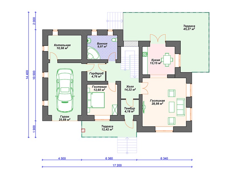 Каркасный дом 14x17 с котельной, балконом, гаражом – проект V033 "Графтон" план первого этаж