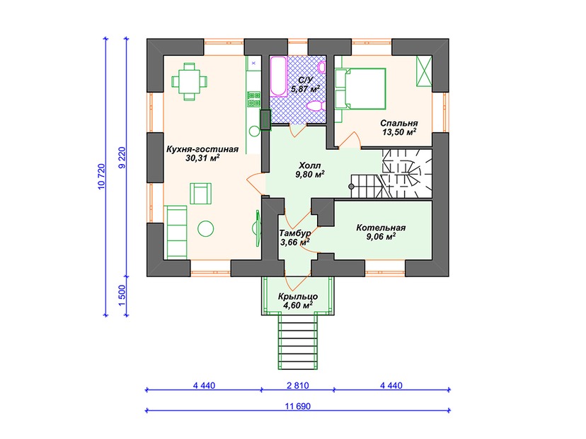 Каркасный дом 11x12 с котельной, балконом – проект V022 "Тонавада" план первого этаж
