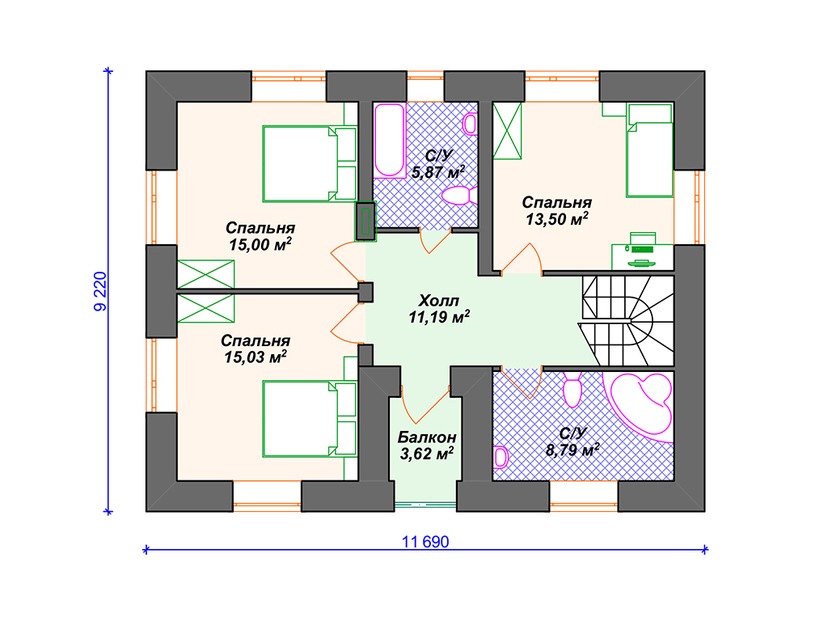 Каркасный дом 11x12 с котельной, балконом – проект V022 "Тонавада" план второго этажа