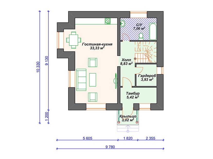 Дом из керамического блока VK032 "Ромни" c 3 спальнями план первого этаж