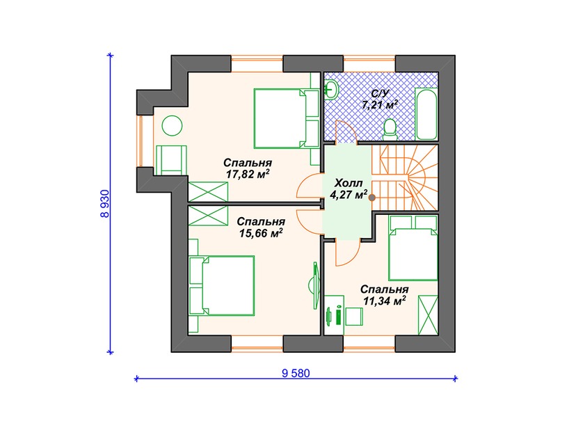 Дом из керамического блока VK032 "Ромни" c 3 спальнями план мансардного этажа