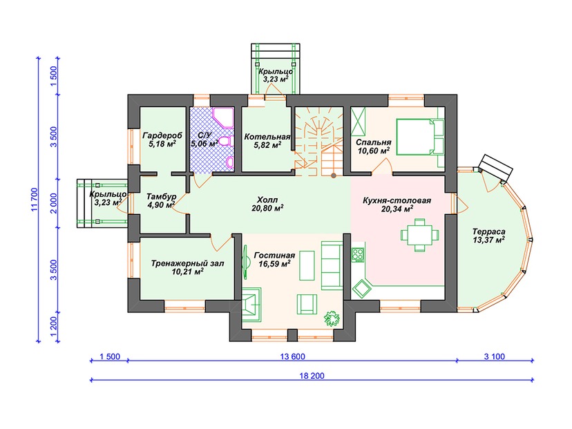 Каркасный дом 12x18 с террасой, котельной, мансардой – проект V021 "Ватервел" план первого этаж