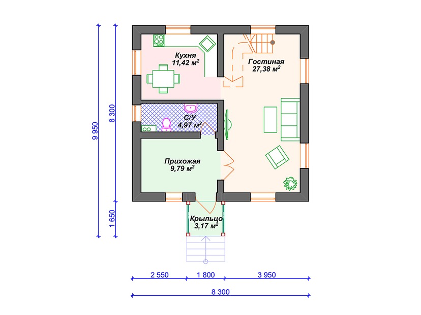Каркасный дом 10x8 с мансардой – проект V020 "Эшвилл" план первого этаж